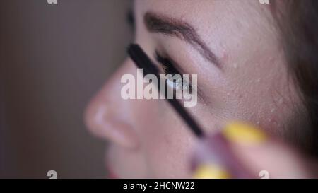 Maquillage.Attache.Maquillage parfait en gros plan.Traceur.Brosse Eyeline pour maquillage.Beauté fille avec une peau parfaite.Cils.Relooking. Banque D'Images