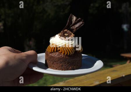 gâteau marquise individuel sur une assiette. dessert servi dans un café extérieur Banque D'Images