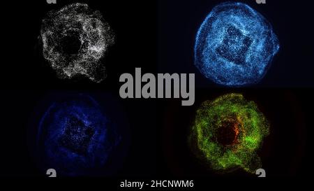 Quatre nuages étonnants de petites particules et la lumière blanche au milieu d'elles se répandent sur tout l'écran.Explosion d'étoiles dans l'espace sur fond noir Banque D'Images