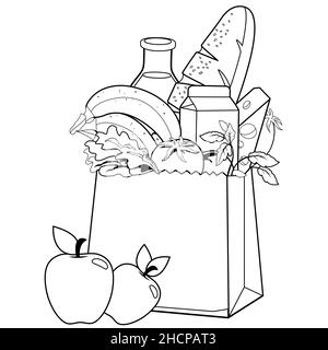 Sac en papier avec articles d'épicerie.Lait, pain, fruits, légumes et fromage.Page de couleur noir et blanc. Banque D'Images
