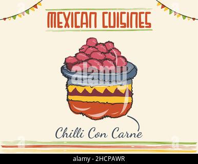 Chili con carne dans un bol avec une cuillère - cuisine mexicaine traditionnelle. Un plat mexicain isolé de couleur vectorielle Doodle. Cuisine mexicaine. Illustration de Vecteur