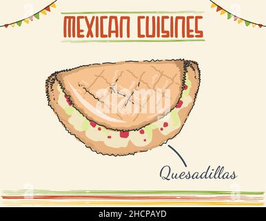 Quesadillas de poulet avec paprika et icône de fromage, illustration traditionnelle mexicaine de vecteur de plat. Assiette mexicaine isolée de couleur vectorielle Doodle Illustration de Vecteur