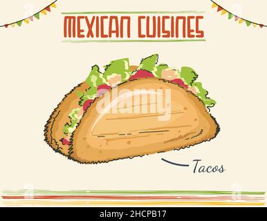 Tacos à la viande et aux légumes. Restauration rapide mexicaine traditionnelle. Illustration vectorielle. Illustration vectorielle icône plate de dessin animé isolée sur blanc. Co. Minimale Illustration de Vecteur
