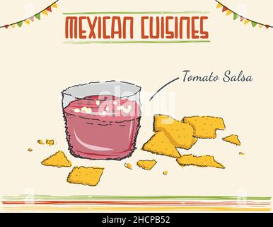 Salsa sauce mexicaine traditionnelle avec nachos.Sauce tomate mexicaine avec nachos Vector Illustration.Illustration vectorielle isolée colorée minimale Illustration de Vecteur