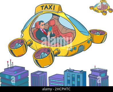 Homme d'affaires.Drone air taxi, pilote automatique de transport de ville.Hélicoptère du futur isoler sur un fond neutre Illustration de Vecteur