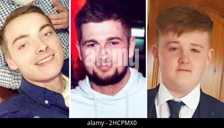 Photo de la famille non datée du Service de police d'Irlande du Nord de Nathan Corrigan, âgé de 20 ans, Peter Alexander Finnegan, âgé de 21 ans, et Petey McNamee, âgé de 20 ans, décédé lundi à la suite d'une collision de deux véhicules sur le chemin Omagh de Garvaghy.Date de publication : vendredi 31 décembre 2021. Banque D'Images