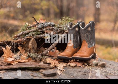 Foyer sélectif d'une paire de bottes de cowboy dans la forêt Banque D'Images
