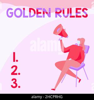 Inspiration montrant le signe Golden Rules.Concept d'affaires principe de base qui devrait être suivi important principe femme dessin tenant Megaphone Banque D'Images