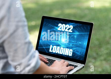 Affiche manuscrite 2022 chargement.Mot pour la publicité l'année à venir prévision de l'événement futur femme dactylographiant sur ordinateur portable dans le parc seul Banque D'Images