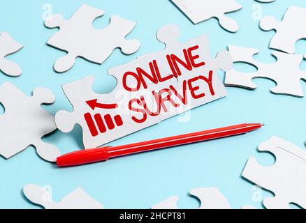 Rédaction affichage de texte enquête en ligne.Mot écrit sur la réévaluation Feedback Sondage taux de satisfaction témoignage construire un Jigsaw blanc non fini Banque D'Images