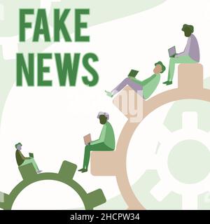 Texte d'écriture fausses nouvelles.Photo conceptuelle fausses informations publiées sous le prétexte d'être des nouvelles authentiques quatre coéquipiers dessin des engrenages assis Banque D'Images