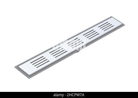 Long drain de douche rectangulaire avec grille en acier inoxydable isolée sur fond blanc.3d rendu Banque D'Images