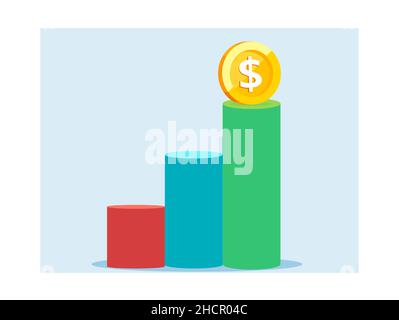 Vecteur de barres du tableau financier qui s'affiche avec une pièce de monnaie en dollar au-dessus Illustration de Vecteur
