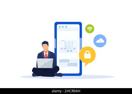 Vecteur d'un homme utilisant des appareils mobiles, shopping en ligne laissant des commentaires en ligne Illustration de Vecteur