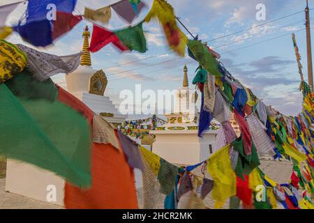 Stupas et drapeaux près de Syakusn Syume, monastère de Geden Sheddup Choikorling, monastère bouddhiste tibétain à Elista, République de Kalmykia, Russie Banque D'Images