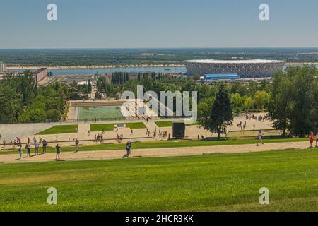 VOLGOGRAD, RUSSIE - 28 JUIN 2018 : vue du complexe commémoratif commémorant la bataille de Stalingrad sur la colline Mamaïev à Volgograd, Russie.Vol Banque D'Images