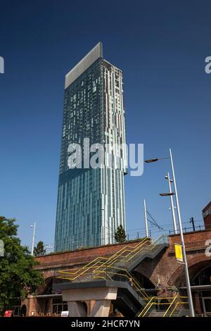 Royaume-Uni, Angleterre, Manchester, Tour Beetdam de 47 étages depuis la station Deansgate Castlefield Metrolink Banque D'Images