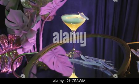 Un cocktail décoré de plumes dans un restaurant.Gros plan de la boisson alcoolisée en verre martini debout sur une table dans une pièce pourpre avec artificiel Banque D'Images