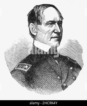 Un 19th portrait de David Glasgow Farragut (1801-1870), datant de la fin du siècle, était un officier du drapeau de la marine américaine pendant la guerre civile américaine.Il a été le premier amiral arrière, vice-amiral, et amiral dans la marine des États-Unis et est rappelé pour son ordre à la bataille de Mobile Bay généralement paraphrasé comme 'Damn le torpille, pleine vitesse devant' dans la tradition de la marine des États-Unis.Son dernier service actif était au commandement de l'escadron européen, de 1867 à 1868, avec la frégate à vis USS Franklin comme navire amiral.Farragut est resté actif pour la vie, un honneur accordé à seulement sept autres U.S. Navy Banque D'Images