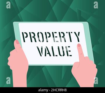 Valeur de propriété de légende conceptuelle.Photo conceptuelle valeur d'une évaluation immobilière de terrain juste prix du marché Illustration d'Une main utilisant la tablette Banque D'Images