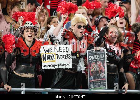 Floride, États-Unis.31st décembre 2021.Les fans de Georgia Bulldogs fêtent après avoir remporté le match de football du Capital One Orange Bowl NCAA College entre la Géorgie et le Michigan le vendredi 31 décembre 2021 au Hard Rock Stadium de Miami Gardens, en Floride.Jacob Kupferman/CSM crédit: CAL Sport Media/Alay Live News Banque D'Images