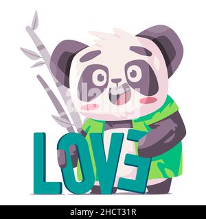 Mignon panda tenant le texte de l'amour avec le visage stupide personnage drôle de l'ours noir et blanc comique mascotte Illustration de Vecteur