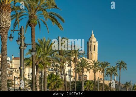 GRANDS PALMIERS SCULPTURE PARC FRONT DE MER SANT BARTOMEU I SANTA TECLA EGLISE SITGES COSTA DORADA CATALOGNE ESPAGNE Banque D'Images