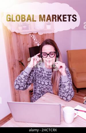 Légende du texte présentant les marchés mondiaux.Vitrine commerciale produits et services commerciaux dans tous les pays du monde participant à la réunion en ligne Banque D'Images