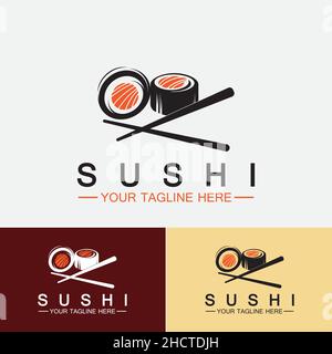 Modèle de logo sushi.Vector Icon style Illustration Bar ou Shop, Sushi,Salmon Roll,Sushi et rouleaux avec barre de baguettes ou logo de restaurant vectoriel Illustration de Vecteur
