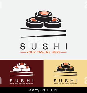 Modèle de logo sushi.Vector Icon style Illustration Bar ou Shop, Sushi,Salmon Roll,Sushi et rouleaux avec barre de baguettes ou logo de restaurant vectoriel Illustration de Vecteur
