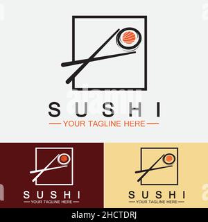 Modèle de logo sushi.Vector Icon style Illustration Bar ou Shop, Sushi,Salmon Roll,Sushi et rouleaux avec barre de baguettes ou logo de restaurant vectoriel Illustration de Vecteur