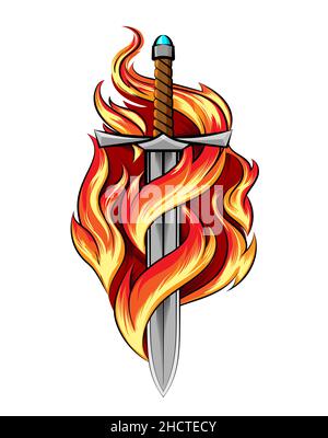 Tatouage coloré de Sword brûlant dans une flamme isolée sur fond blanc.Illustration vectorielle. Illustration de Vecteur