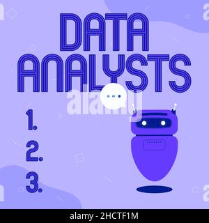 Panneau affichant les analystes de données.Conception et création d'un rapport par le programmeur d'approche métier identifie les motifs Illustration du robot flottant mignon Banque D'Images