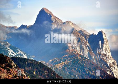 Friuli Venezia Giulia, Italie.Alpes carniques, vue sur le mont Creta di Timau et la vallée du but depuis la piste forestière qui relie le Passo di Monte Croce Carnico au refuge alpin Marinelli. Banque D'Images