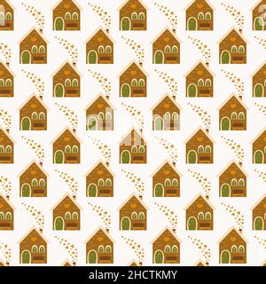 Motif sans couture doux à la maison avec un banc et des coeurs de la pipe.Accueil pour les amoureux.Saint-Valentin.Illustration vectorielle colorée imprimée à la main.WRA Illustration de Vecteur