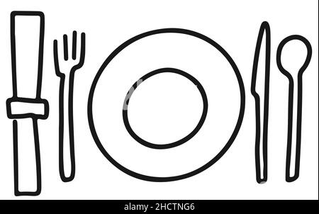 Fourchette à plaque porte-couteau cuillère et serviette de table Vector dessin à la main Illustration ligne noire Illustration de Vecteur