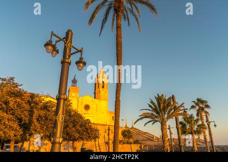 GRANDS PALMIERS SCULPTURE PARC FRONT DE MER SANT BARTOMEU I SANTA TECLA EGLISE SITGES COSTA DORADA CATALOGNE ESPAGNE Banque D'Images