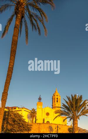 GRANDS PALMIERS SCULPTURE PARC FRONT DE MER SANT BARTOMEU I SANTA TECLA EGLISE SITGES COSTA DORADA CATALOGNE ESPAGNE Banque D'Images