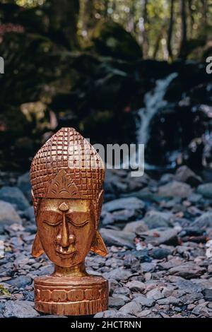 ancienne tête de bouddha plaquée or dans la nature à la cascade Banque D'Images