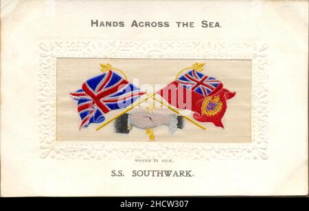 Carte postale souvenir pour le bateau à vapeur Southwark en soie tissée 1908 Banque D'Images