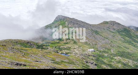 Des nuages se balassent sur le mont Monroe avec le lac dans la cabane Clouds en premier plan. Banque D'Images