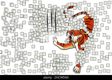 le tigre combat avec des boîtes blanches arrière-plan abstrait Banque D'Images