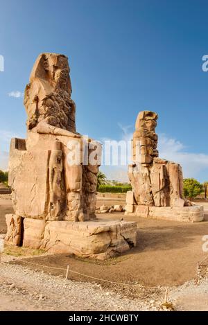 Statues géantes en pierre de Pharaoh Amenhotep III près de la Vallée des Rois, Louxor, Égypte. Banque D'Images