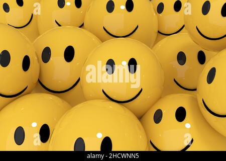 Les boules de smileys jaunes mignons dans les médias sociaux émoticône convivial concept 3D rendu image Banque D'Images