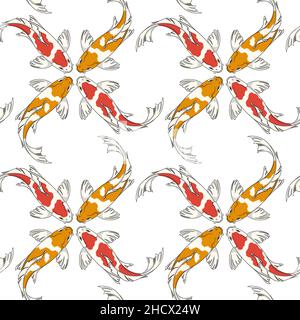 Motif sans couture avec carpes de poisson koï rouges et orange.Arrière-plan vectoriel coloré. Illustration de Vecteur