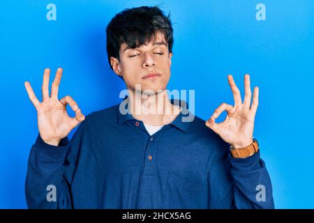 Beau hipster jeune homme en toile de fond bleue se détendre et sourire avec les yeux fermés faire un geste de méditation avec les doigts. Concept de yoga. Banque D'Images