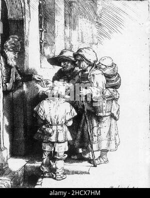 - Rembrandt mendiants recevant l'aumône à la porte d'une maison Banque D'Images