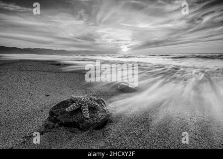 Un ciel de coucher de soleil sur l'océan avec Un Starfish détaillé sur Un rocher comme Une vague s'écrase à la côte en noir et blanc format d'image Banque D'Images