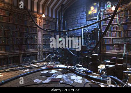 Préchargement de l'énergie de la bibliothèque ancienne, scène complète pour l'arrière-plan.3D illustration du rendu. Banque D'Images