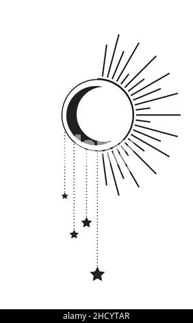 Lune et soleil avec l'icône étoiles, le symbole Boho Witch et Magic. Panneau d'art mystique, emblème noir tatouage.Illustration vectorielle isolée sur fond blanc Illustration de Vecteur